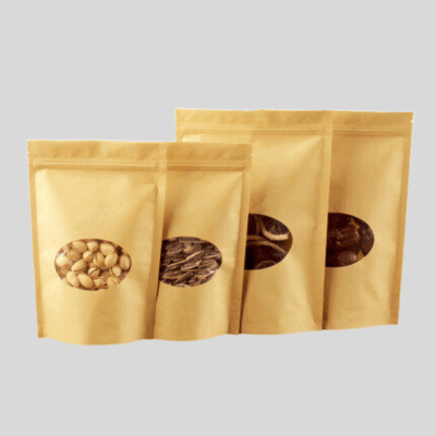 Kraft Paper Stand Up Pouch with Zipper, Oval Window (100 pcs)