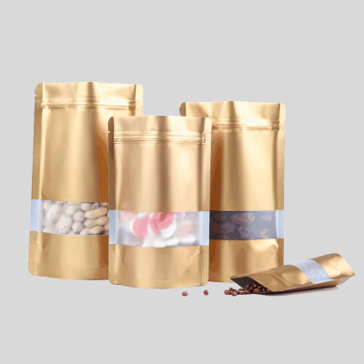 Stand Up Pouch with Window & Zipper, Matte Gold (100 pcs)