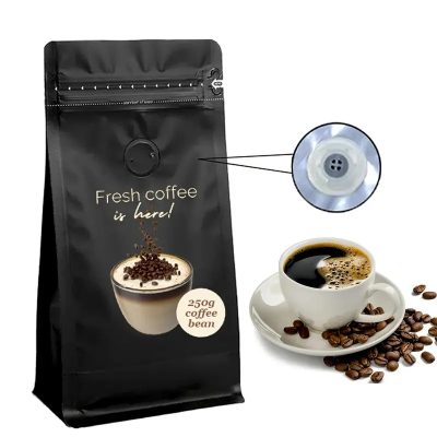 Coffee packaging bag – 250g biodegradable flat bottom bag with valve